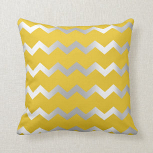 Chevron Silver Grey Graphite Yellow Metall Lines Cushion