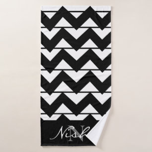 Chevron Stripe Black and White Monogram Bath Towel