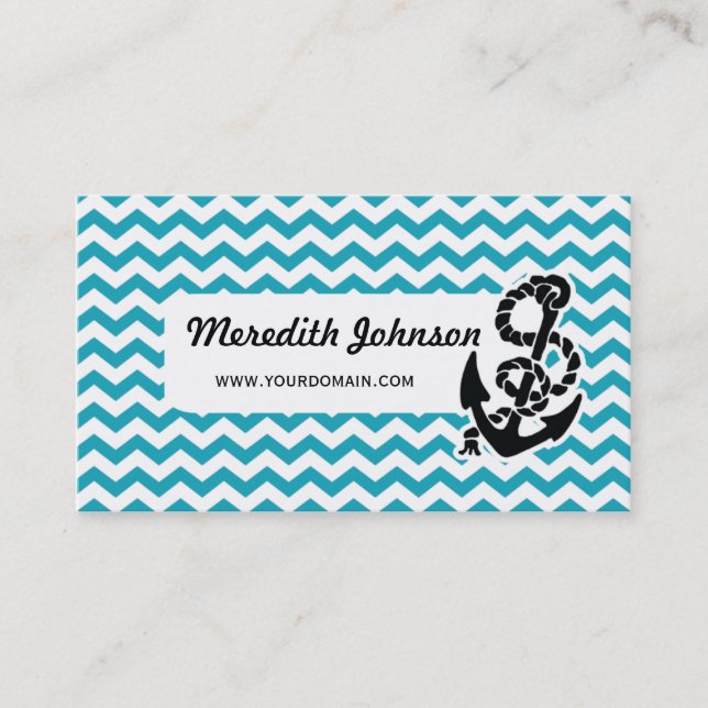 Chevron Stripe Blue Anchor Nautical Business Card (Front)