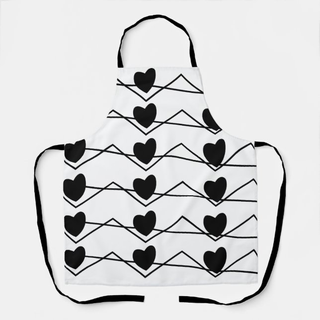 Chevron Stripe Hearts Black and White Kitchen Apron (Front)