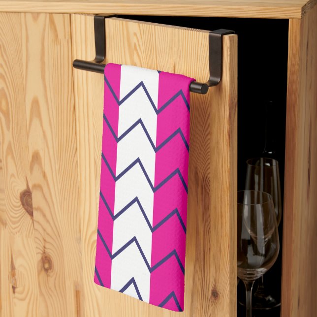 Chevron Stripe Pink and White Geometric Pattern Tea Towel (Thirds Fold)