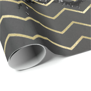 Chevron Stripes Gold Glitter Grey Marble Black Wrapping Paper