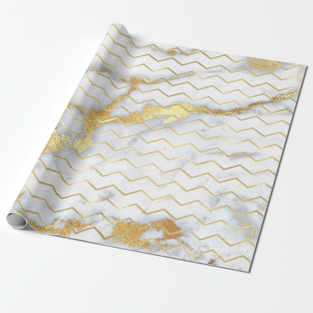 Chevron Stripes Gold Metallic Grey Marble Lines Wrapping Paper (Unrolled)