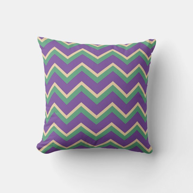 Chevron Stripes in Purple, Green, and Gold Cushion (Front)