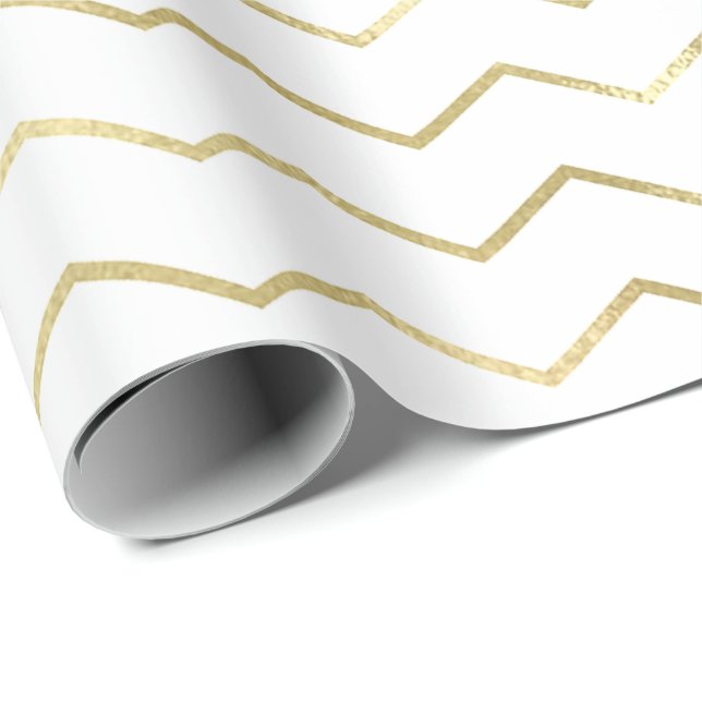 Chevron Stripes Lines Gold Metallic White Elegant Wrapping Paper (Roll Corner)