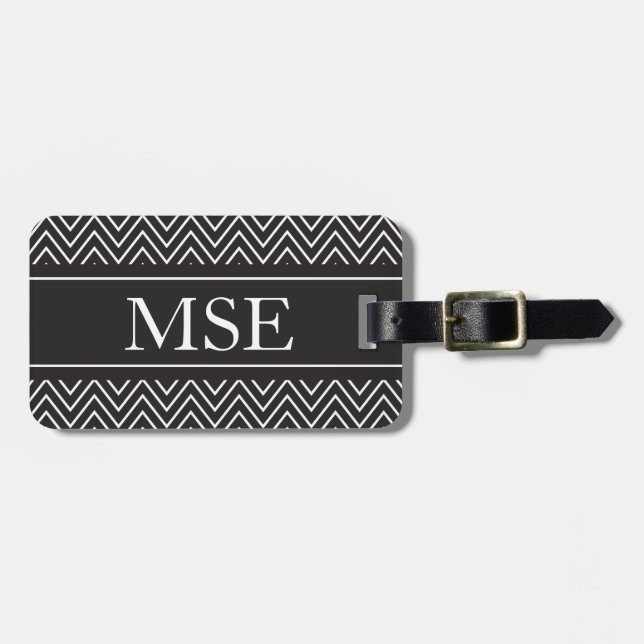 Chevron Stripes Personalised Monogram Black White Luggage Tag (Front Horizontal)