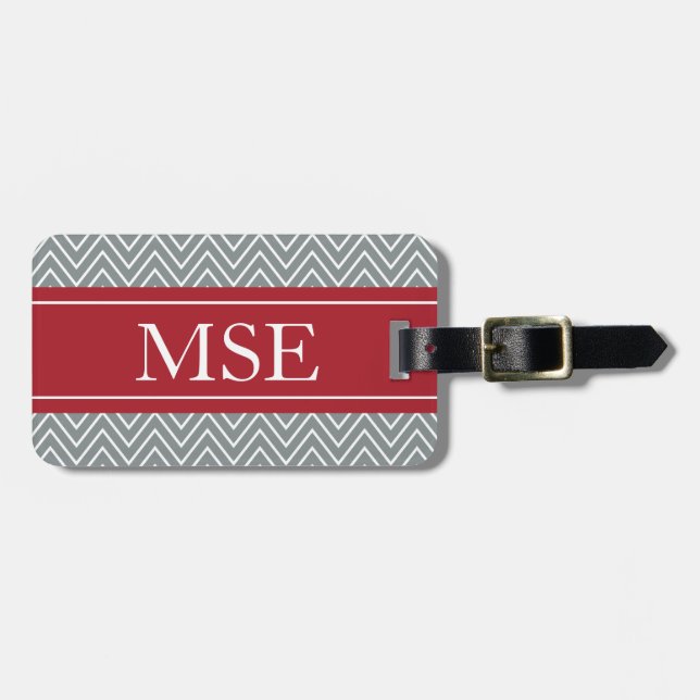 Chevron Stripes Personalised Monogram Grey Red Luggage Tag (Front Horizontal)