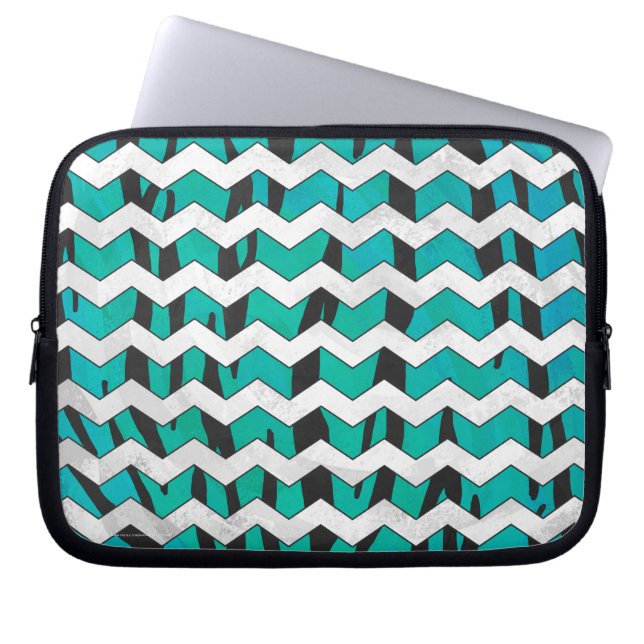 Chevron Tiger Black and Teal Print Laptop Sleeve (Front)