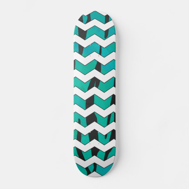 Chevron Tiger Black and Teal Print Skateboard (Front)
