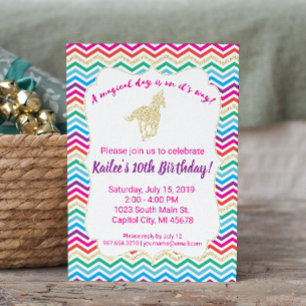 Chevron Unicorn Glitter Birthday Party Invitation