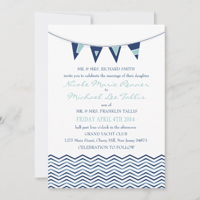 Chevron Waves with Nautical Love Banner Invitation (Front)
