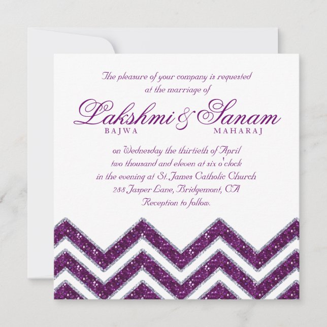 Chevron Wedding Invite Sparkle Purple Silver (Front)