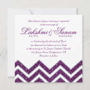 Chevron Wedding Invite Sparkle Purple Silver