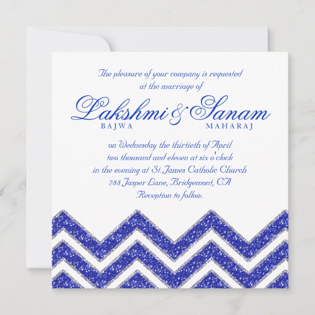 Chevron Wedding Invite Sparkle Royal Blue White (Front)