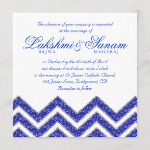 Chevron Wedding Invite Sparkle Royal Blue White