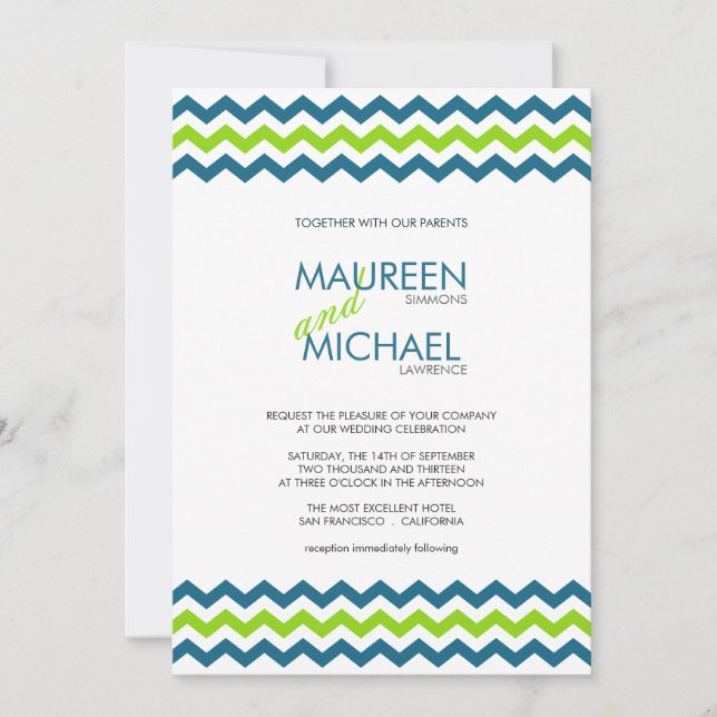 Chevron Wedding ZigZag Blue and Lime Invitations (Front)