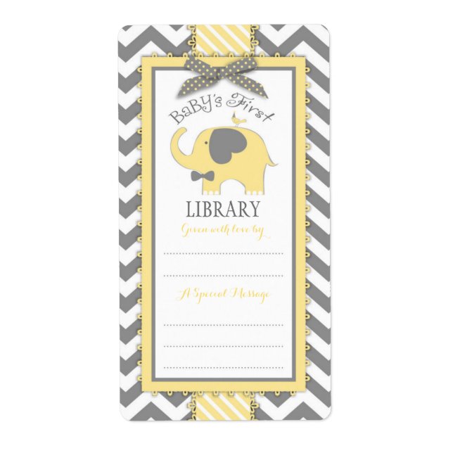 Chevron Yellow Elephant Bow-tie Book Plate Label (Front)