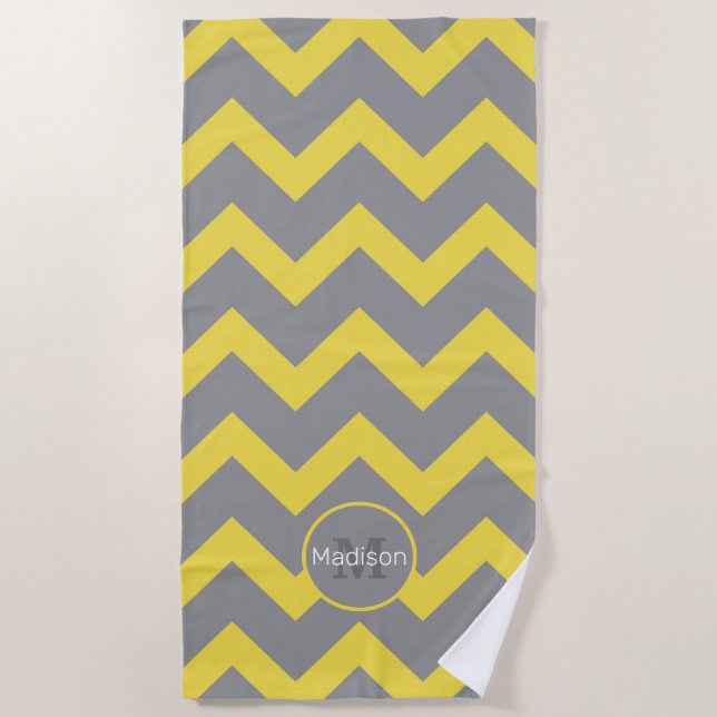 Chevron yellow grey pattern lines stripes Monogram Beach Towel (Front)
