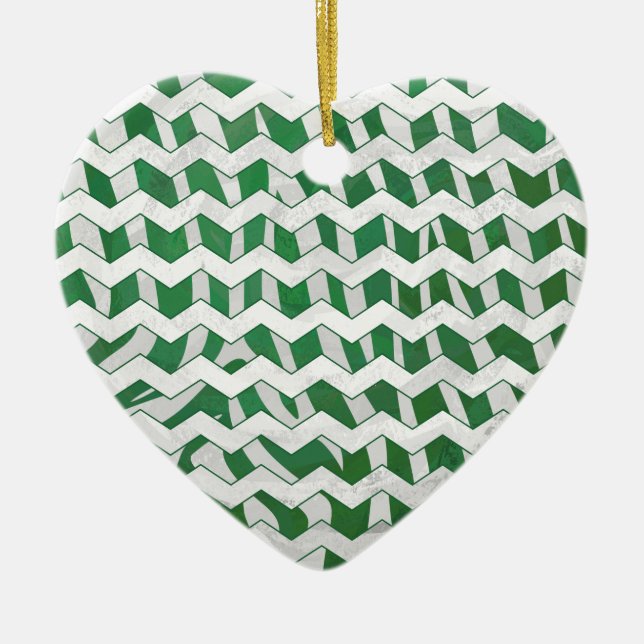 Chevron Zebra Green and White Print Ceramic Ornament (Front)