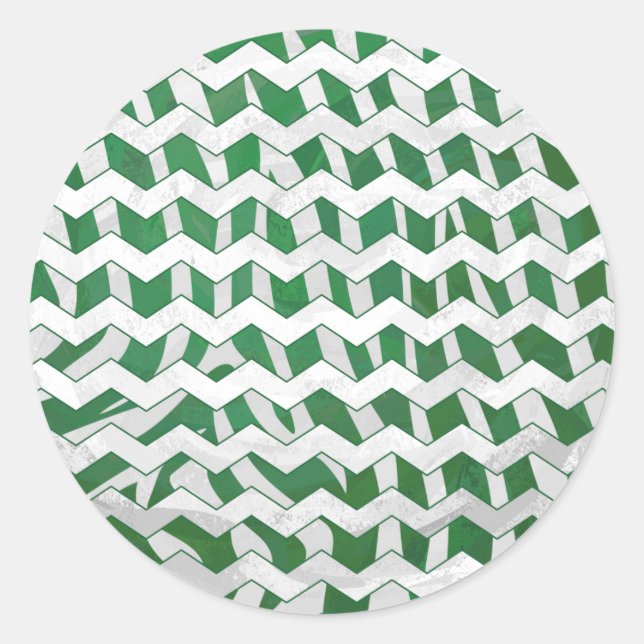 Chevron Zebra Green and White Print Classic Round Sticker (Front)