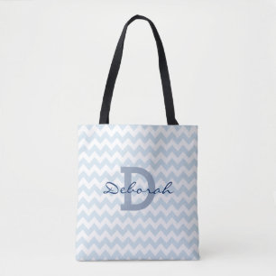 chevron zig-zag blue monogram tote bag