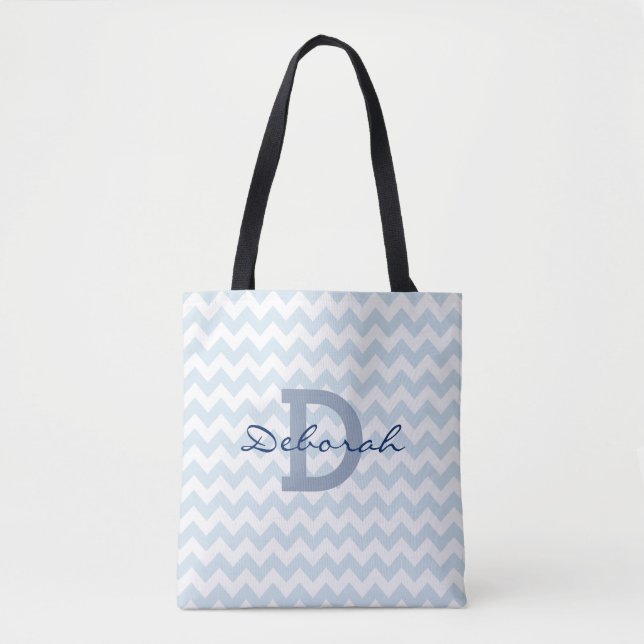 Chevron zig-zag blue monogram tote bag (Front)