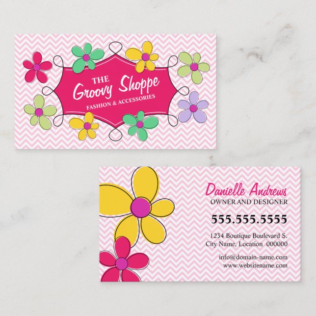 Chevron Zigzag Floral Doodle Frame Pink Business Card (Front/Back)