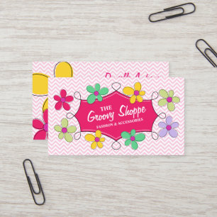 Chevron Zigzag Floral Doodle Frame Pink Business Card