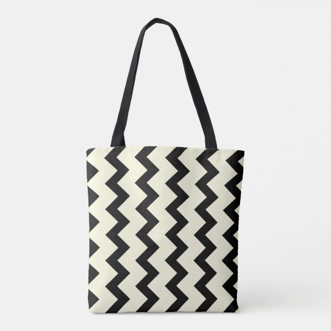 Chevron zigzag pattern black and cream tote bag (Back)