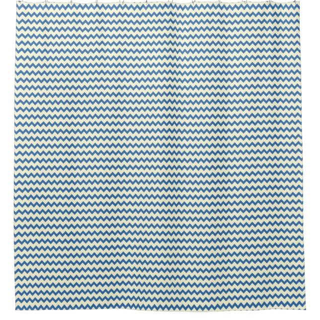 Chevron zigzag pattern denim blue and cream shower curtain (Front)