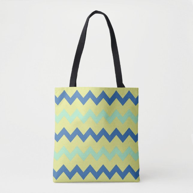 Chevron zigzag pattern in green an blue tote bag (Front)