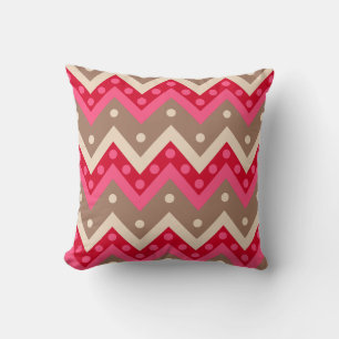 Chevrons and dots - coral pink and taupe cushion