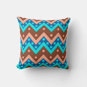 Chevrons and dots - turquoise, brown and coral cushion