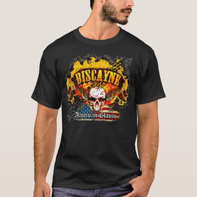 Chevy Biscayne - Burnout Banner Skull -n- Flag T-Shirt (Front)