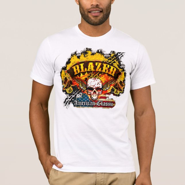 Chevy Blazer - Burnout Banner Skull -n- Flag T-Shirt (Front)