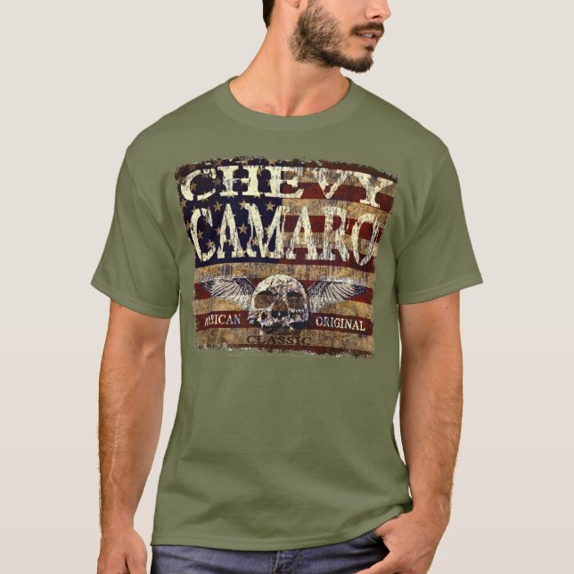 Chevy Camaro Design Against Eroded Flag T-Shirt (Front)