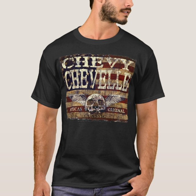 Chevy Chevelle Design Against Eroded Flag T-Shirt (Front)