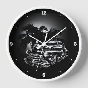 Chevy Fifties Black Low Rider Palm Trees Graphic Clock