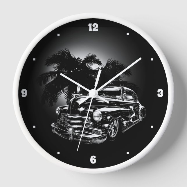 Chevy Fifties Black Low Rider Palm Trees Graphic Clock (Front)