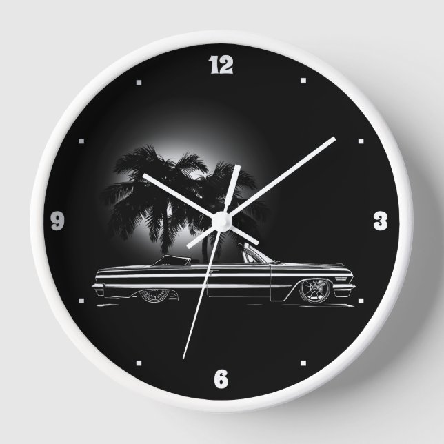 Chevy Sixties Black Convertible Palm Trees Graphic Clock (Front)