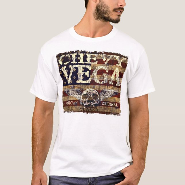 Chevy Vega Design Against Eroded Flag T-Shirt (Front)