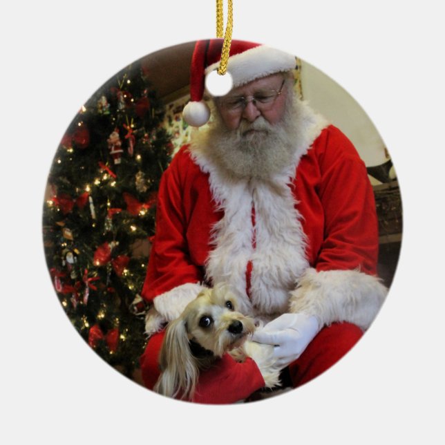 Chewy Finally gets to Meet Santa Ceramic Ornament (Front)