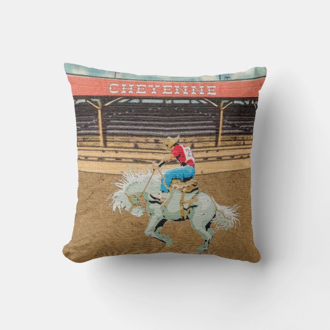 Cheyenne Rodeo Cowboy Saddle Bronc Riding Cushion (Front)
