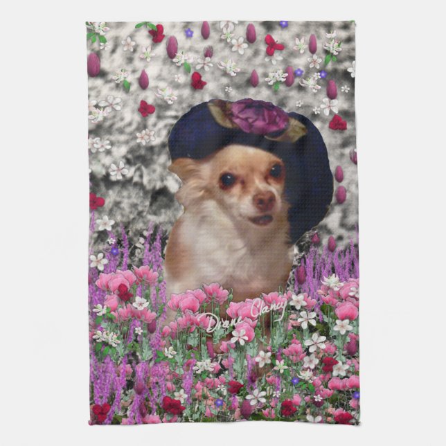 Chi Chi in Flowers  - Chihuahua Puppy in Cute Hat Tea Towel (Vertical)