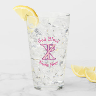 Chi Ro Christian Cross Pink Personalised Glass