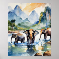 Chiang Mai Thailand Elephants Watercolor