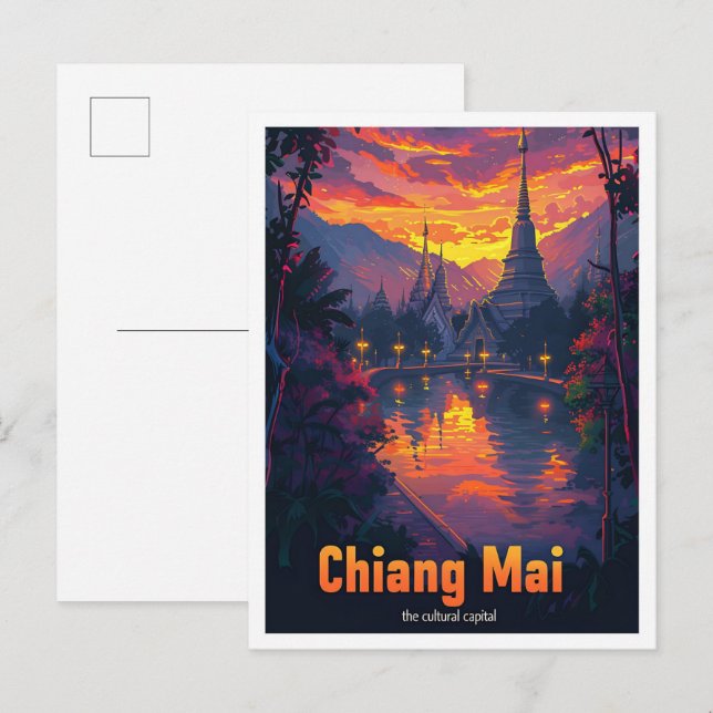 Chiang Mai Thailand Vintage Travel Illustration Postcard (Front/Back)
