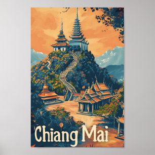 Chiang Mai Thailand Vintage Travel Illustration Poster
