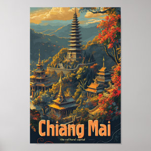 Chiang Mai Thailand Vintage Travel Illustration Poster