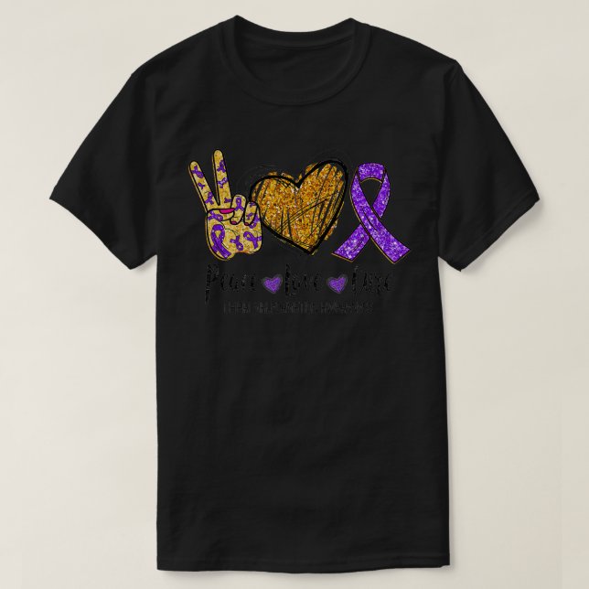 Chiari Malformation Awareness Peace Love Cure Purp T-Shirt (Design Front)